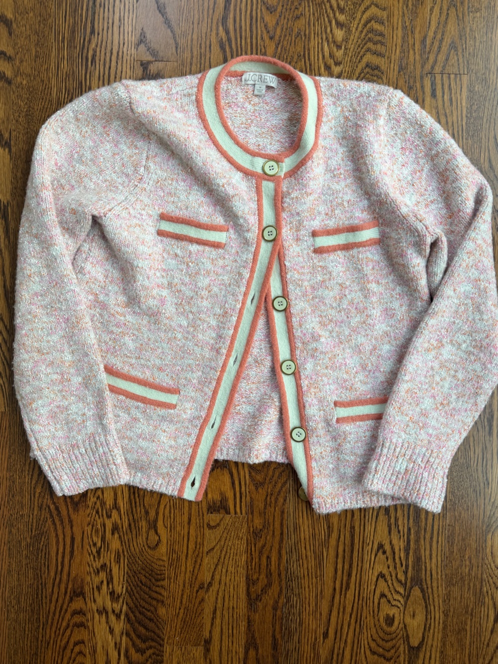 J. Crew Pink Speckled Chunky Thick Cozy Preppy Office Cardigan with Coral Trim